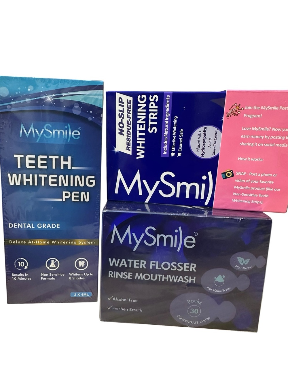 MySmile Teeth Whitening Pen + Whitening Strips + Water Flosser Rinse - Blue